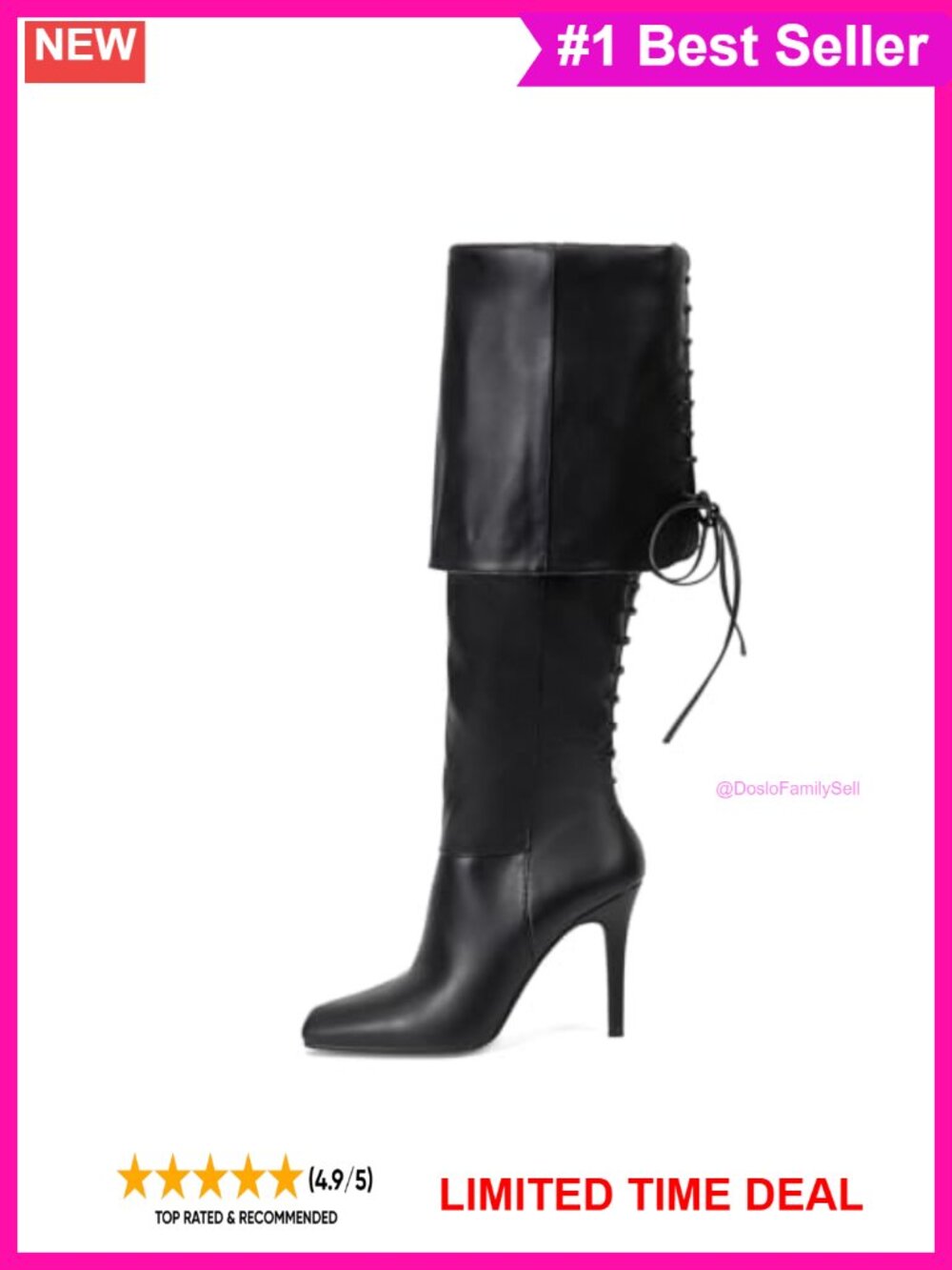 Fold Over Knee High Boots Square Toe Stiletto Heel Faux Leather